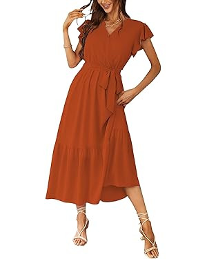 PRETTYGARDEN Women's 2024 Floral Boho Dress Wrap V Neck Short Sleeve Belted Ruffle Hem A-Line Flo... | Amazon (US)