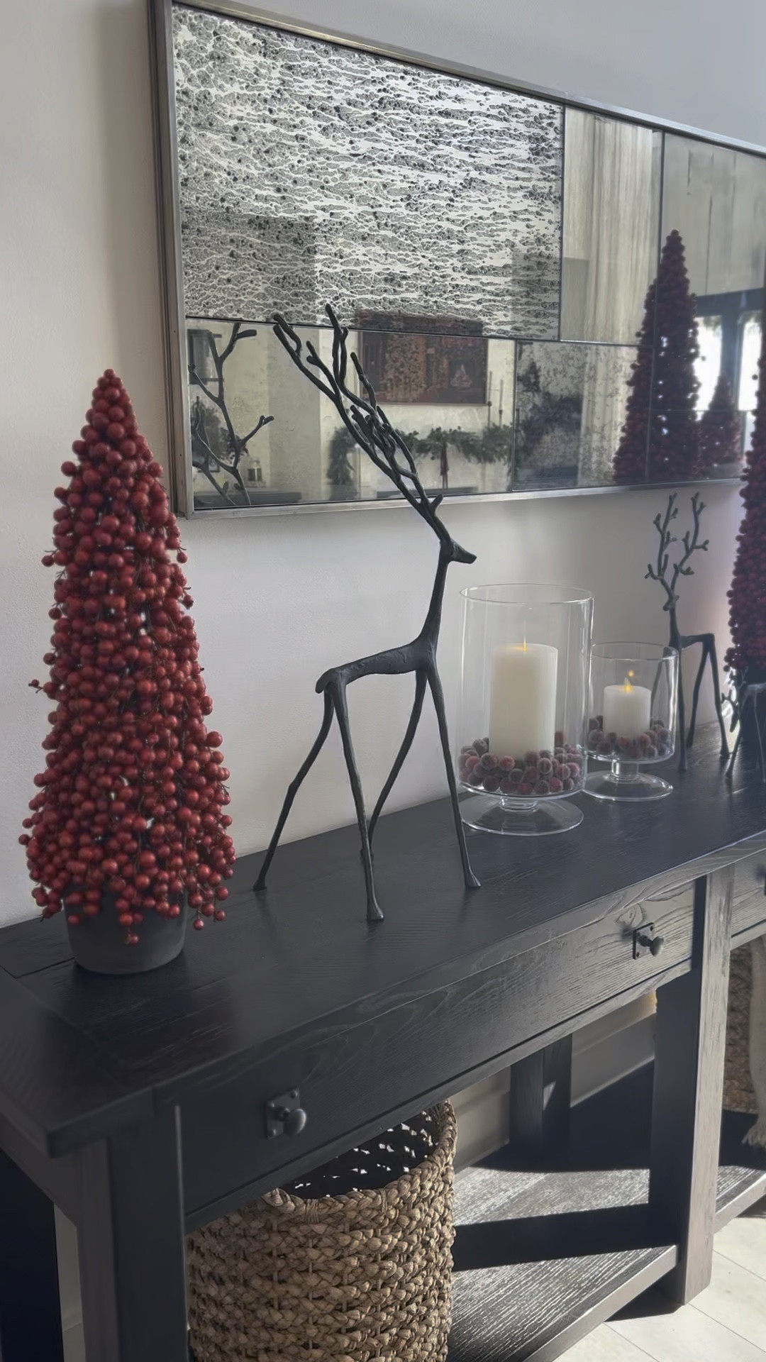Christmas Console styling with pops of red! ❤️✨🦌 

Pottery barn style | pottery barn Christmas decor | bronze reindeer decor | cone berry tree | crate and barrel | sugared cranberry vase filler | flameless flicker candle | Christmas console  

#LTKHoliday #LTKSeasonal #LTKhome