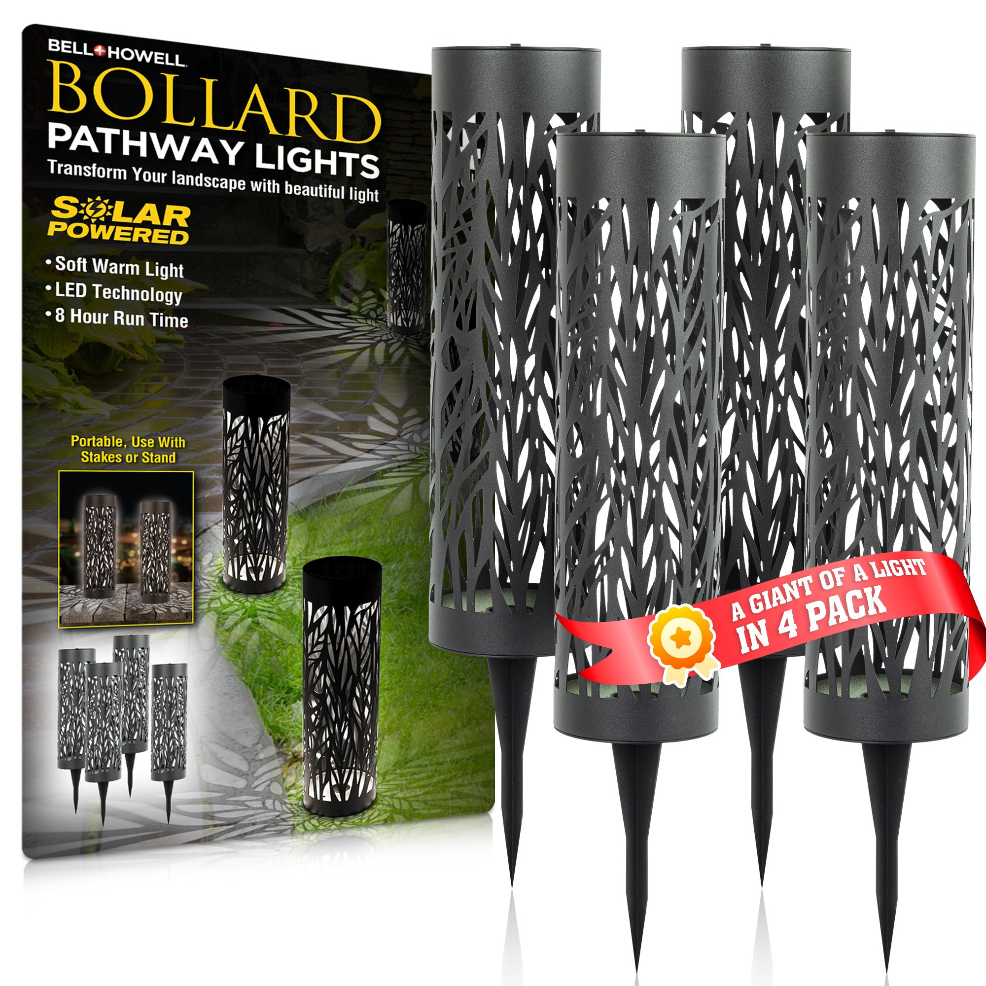 BELL + HOWELL 4 -Pack Bollard 6 -Lumens Black Solar LED Outdoor Path Light Kit ( 3000-K ) | 9031EN | Lowe's
