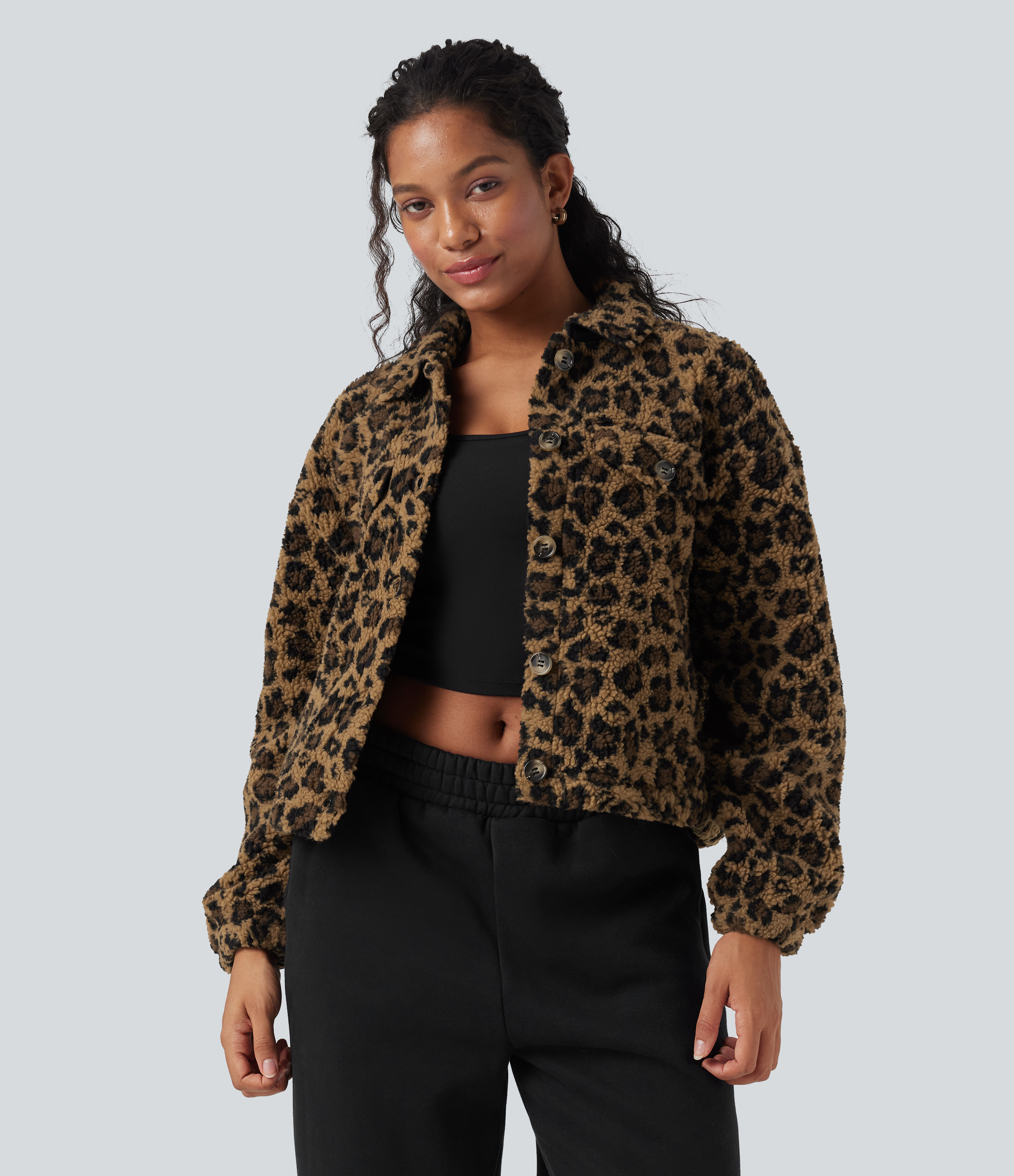 Halara Long Sleeve Casual Sherpa Jacket with Pockets - Amber Leopard - L | HALARA
