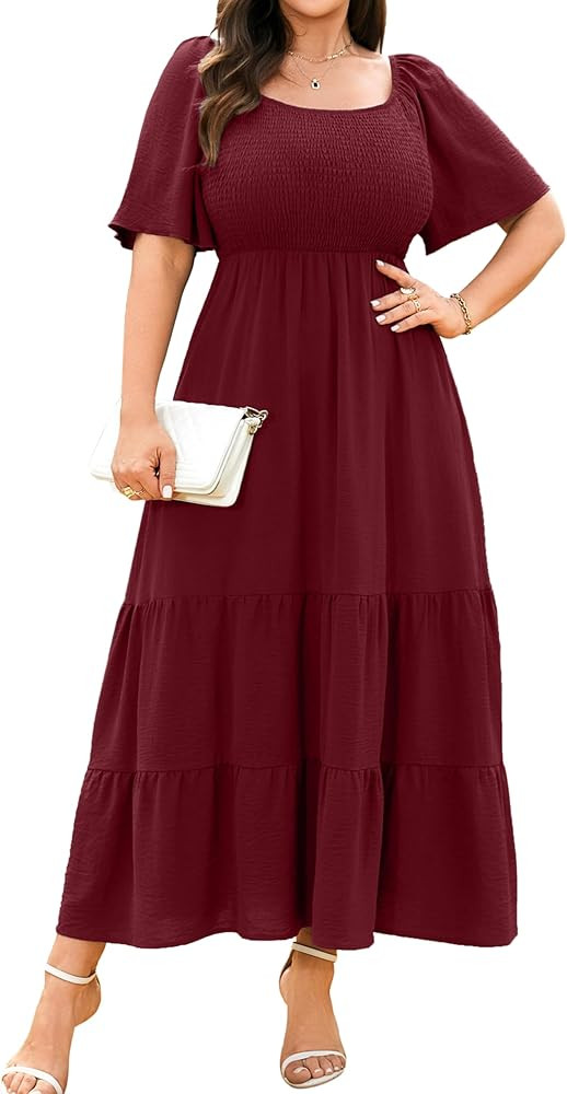 RWJ Women's 2026 Plus Size Summer Dress Short Sleeve Smocked Boho Wedding Guest Beach Vacation Fl... | Amazon (US)