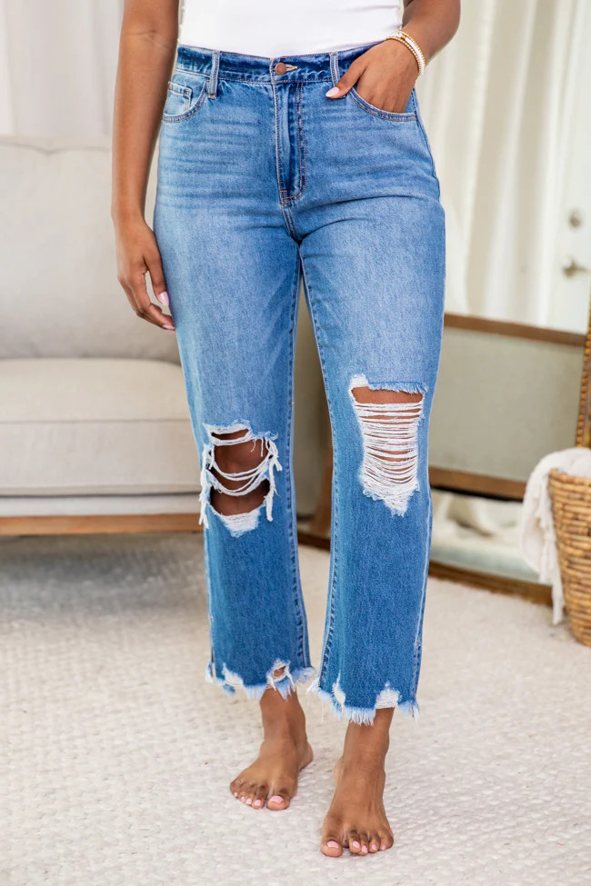 Reba Distressed Medium Wash Mom Jeans | Pink Lily