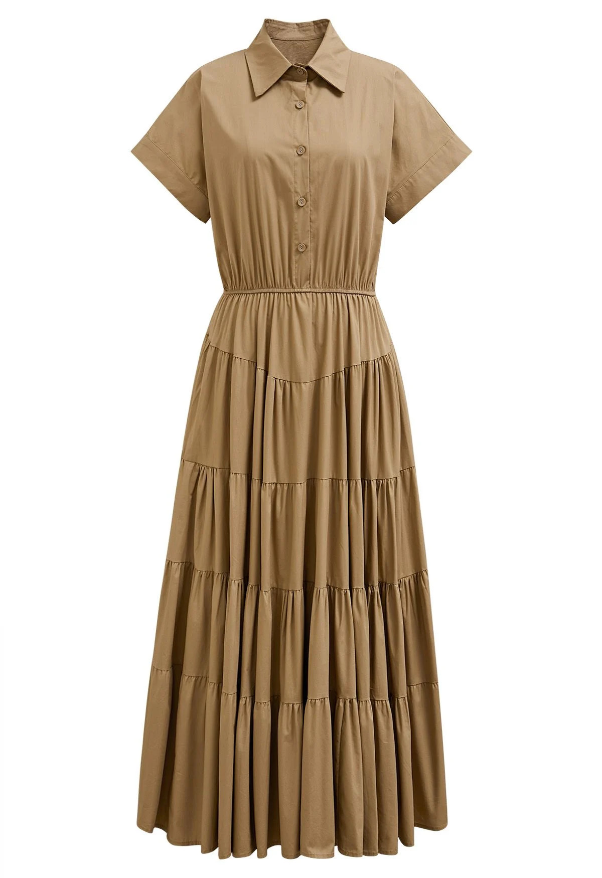 Short Sleeves Frilling Cotton Maxi Dress in Camel | Chicwish