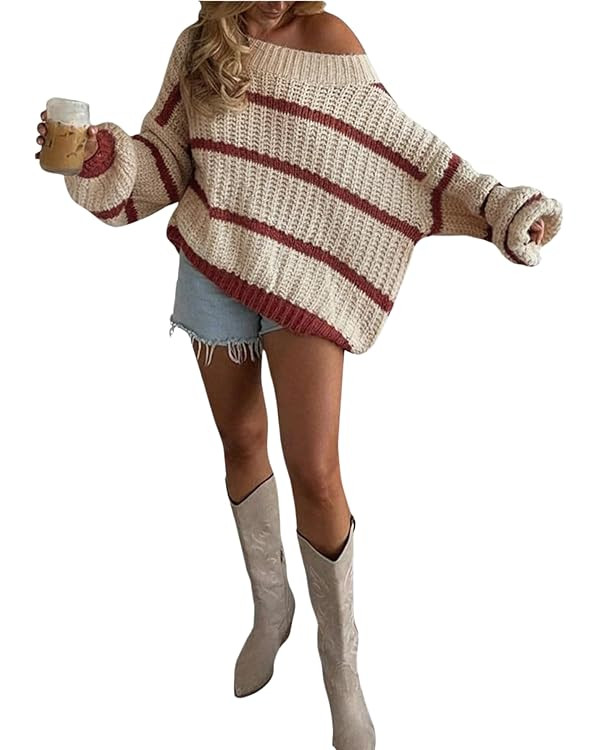 Verdusa Women‘s Off The Shoulder Sweater Striped Color Block Chunky Oversized Cozy Sweaters Win... | Amazon (US)