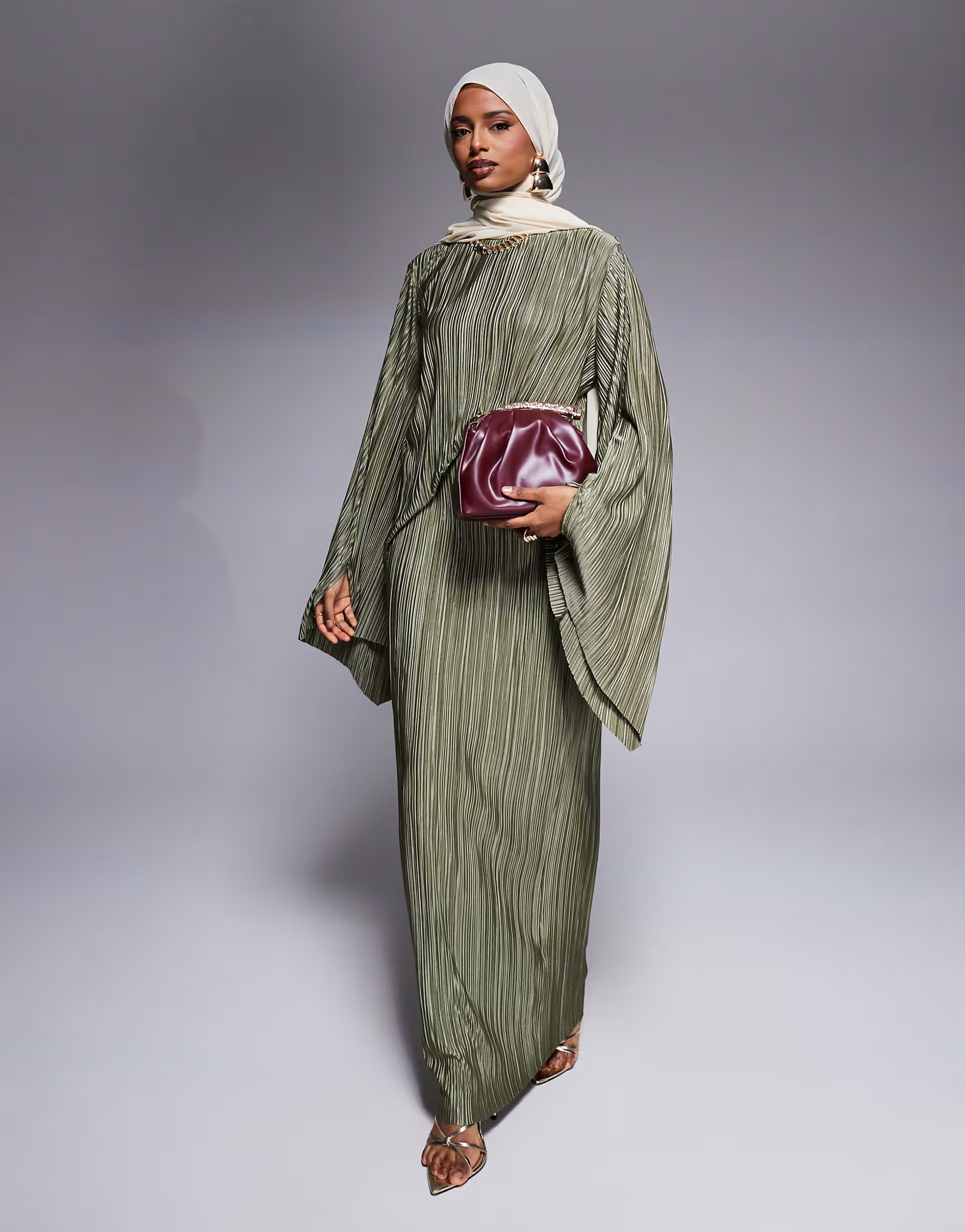 ASOS DESIGN long sleeve plisse maxi dress with cape sleeves in soft khaki | ASOS (Global)