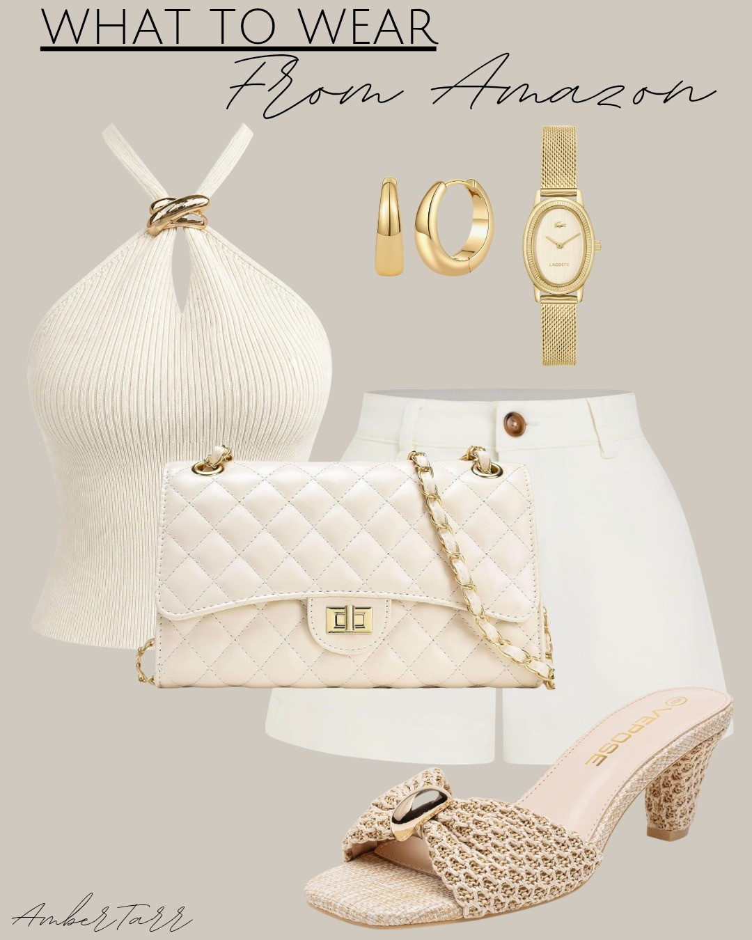 Cream and gold summer date night outfit from Amazon that looks like it cost way more than it did. This ribbed halter top paired with white shorts, a quilted cream chain crossbody bag, woven heeled mules, gold hoop earrings, and a dainty gold watch is the perfect warm weather look for a dinner date, vacation outfit, or a summer night out. 

#LTKOver40 #LTKootd #LTKgrwm