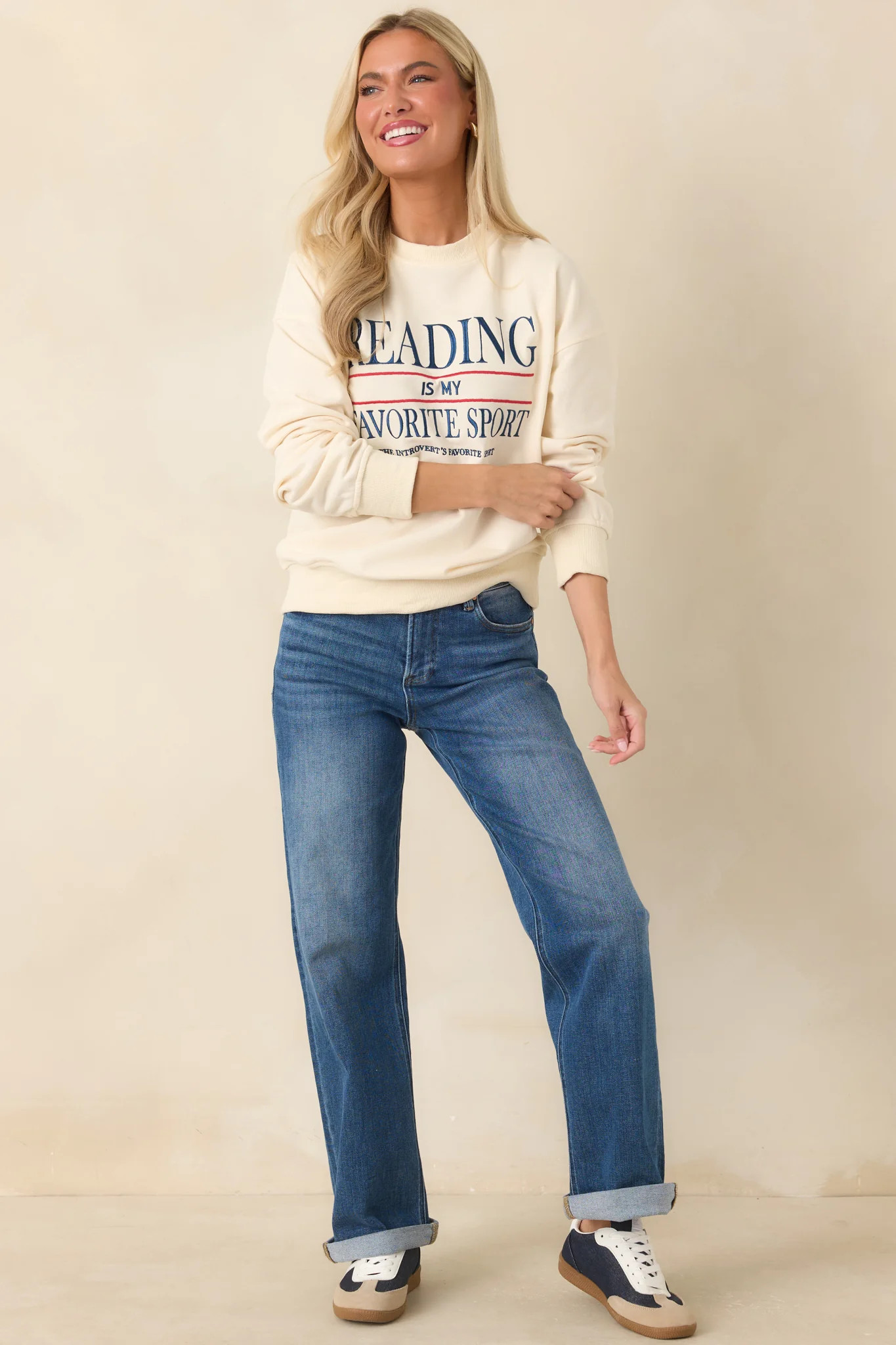 Reading Is My Favorite Sport Ivory Embroidered Cotton Sweatshirt | Red Dress