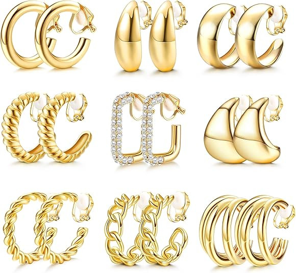 YADOCA 9 Pairs Gold Clip on Earrings for Women 14K Gold Plated Waterdrop Chunky Clip on Hoop Earr... | Amazon (US)