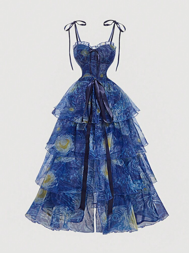 SHEIN MOD Blue Van Gogh Starry Sky Painting Print Long Dress For Women, Party Dress, Multipiece Dress Set | SHEIN
