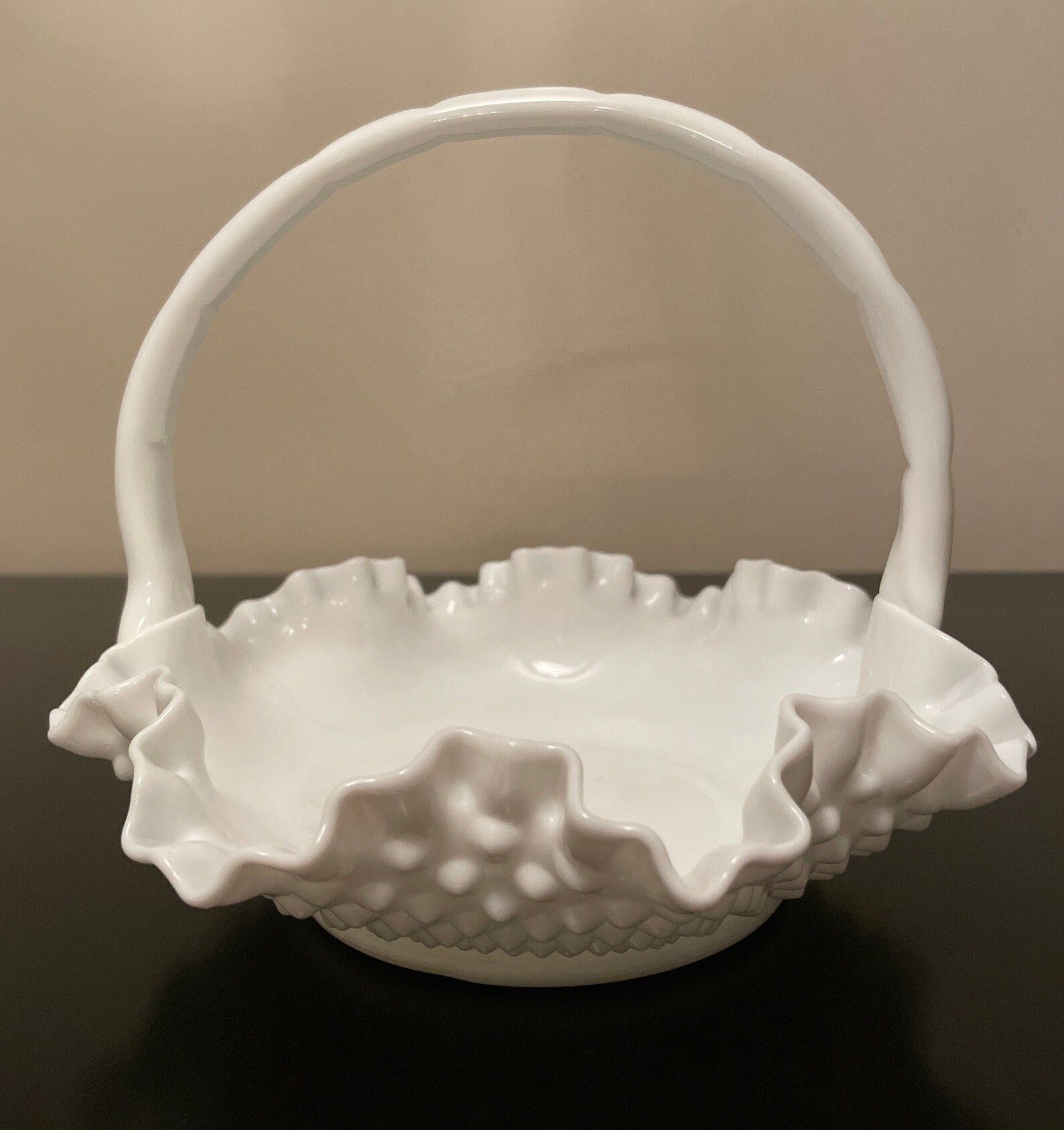 Vintage Fenton White Milk Glass Hobnail Ruffled Edge Basket. | Etsy | Etsy (US)