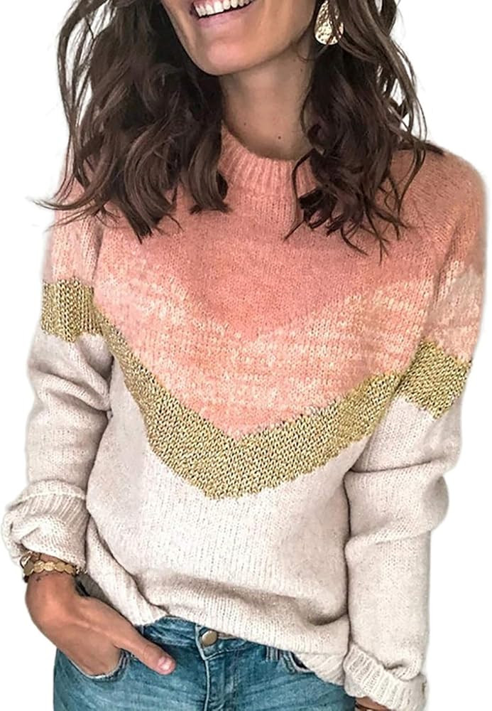 Acelitt Women Ladies Winter Casual Warm Thick Long Sleeve Crewneck Color Block Contrast Knit Pull... | Amazon (US)