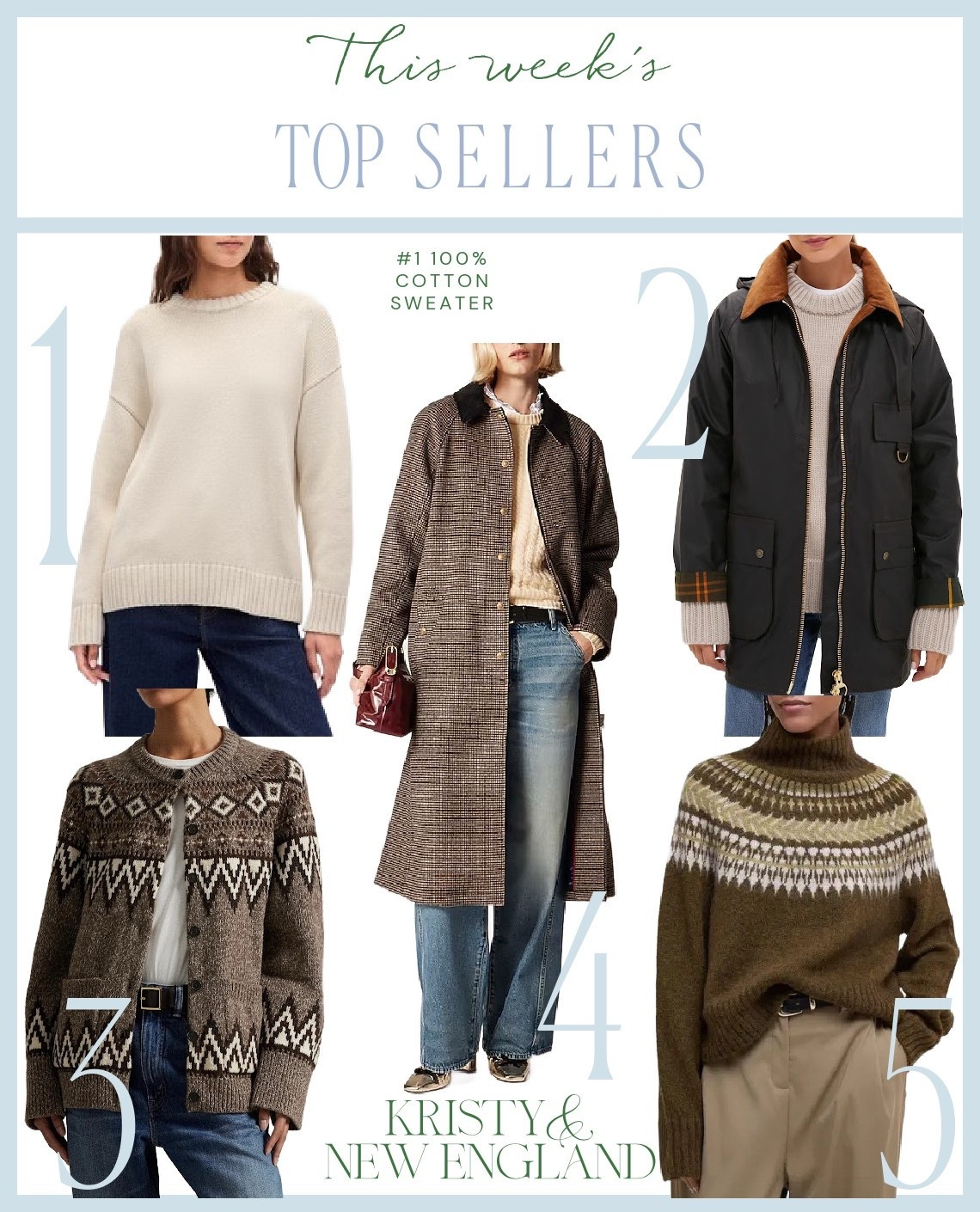 Top Sellers of the Week #1 100% Cotton Sweater #2 Barbour Waxed Jacket #3 RL Fair Isle Cardigan #4 Plaid Long Barn Coat #5 Brown Fair Isle Sweater

#LTKSeasonal #LTKOver40 #LTKSaleAlert
