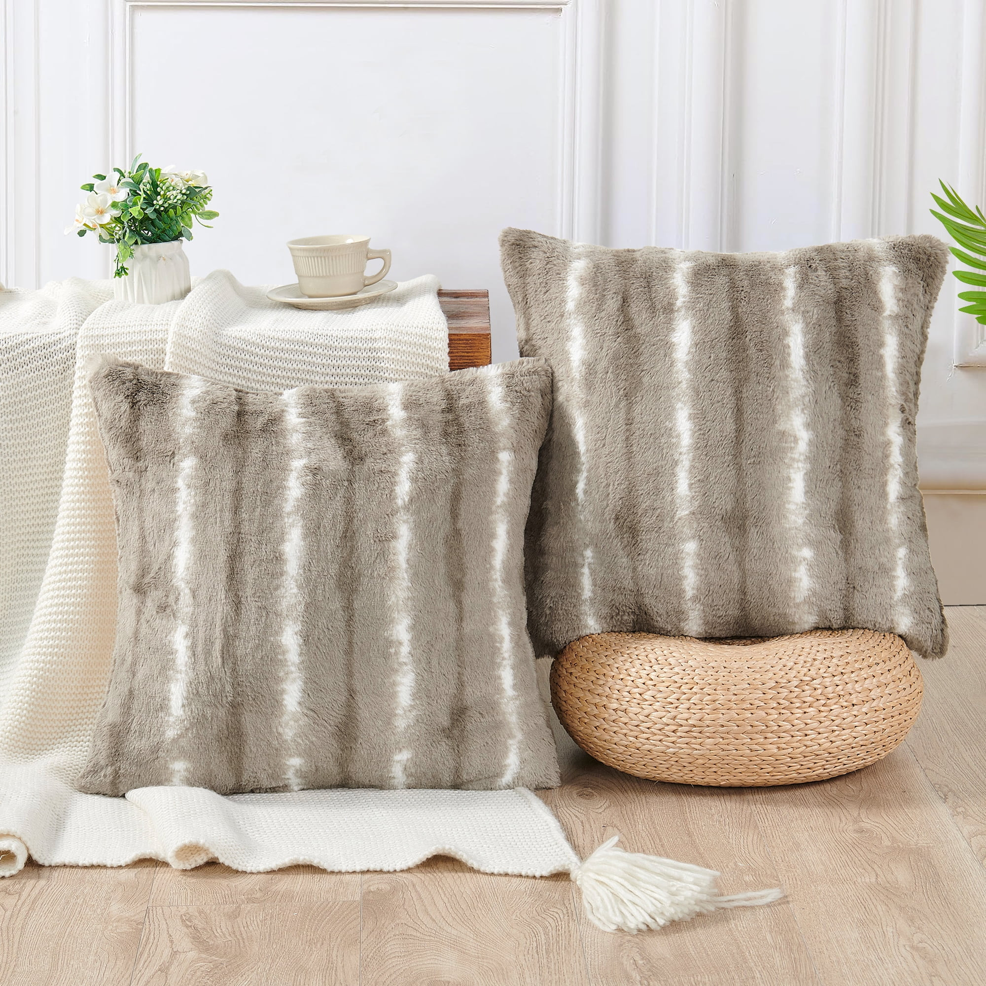 Home Soft Things Amanda Stripe fauxfur Throw Pillow Covers Set of 2, NO INSERT Taupe Grey | Walmart (US)