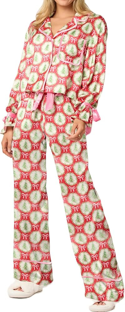 Holiday Bow Pajamas for Women Satin Silk 2 Piece Cute Festival Print Pjs Long Sleeve Button Shirt... | Amazon (US)