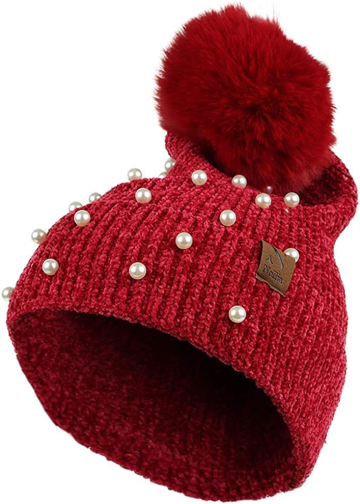 Nollia Women's Pom Pom & Pearls Knit Winter Beanie Hat | Amazon (US)