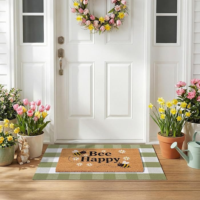 Bee Happy Layered Doormat Set, Spring Door Mat with Printed Coir Welcome Mat and Plaid Layering R... | Amazon (US)