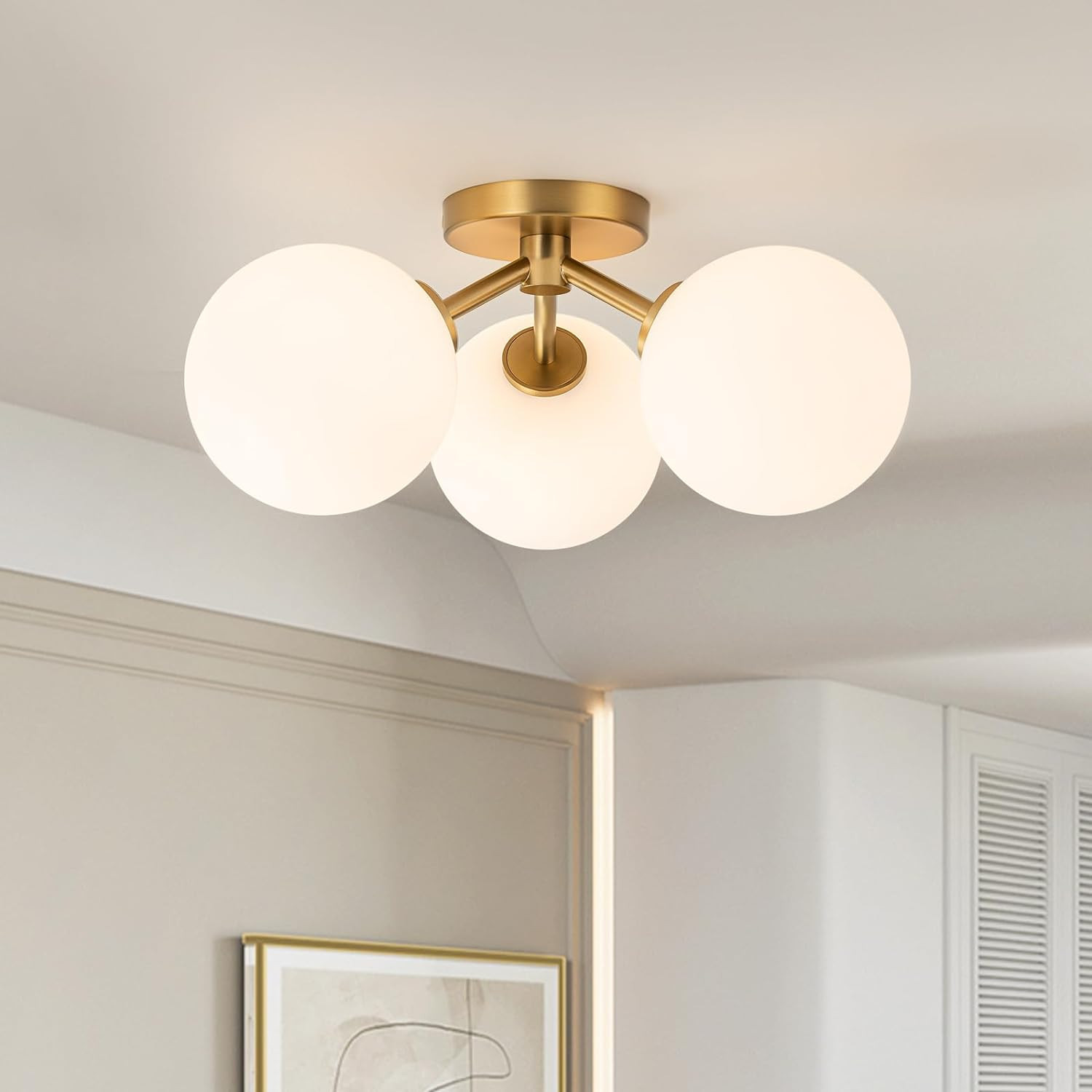 Gold Semi Flush Mount Ceiling Light Fixture 3 Light 17.7 inch,Opal Glass Globe Mid Century Modern... | Amazon (US)