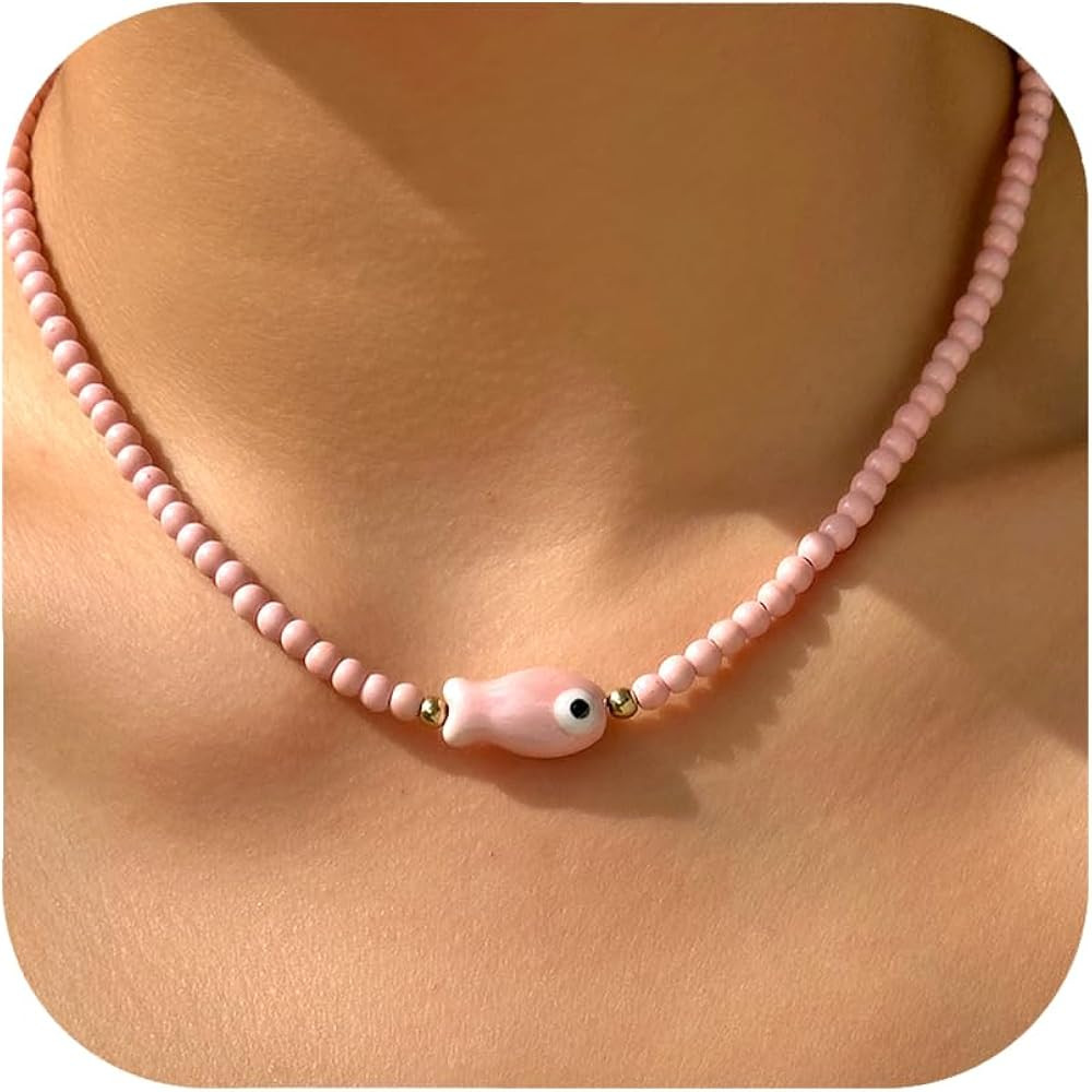 RINHOO Ceramic Fish & Starfish Charm Necklace Boho Handmade Bead Necklace OT Buckle Clasp Jewelry | Amazon (US)