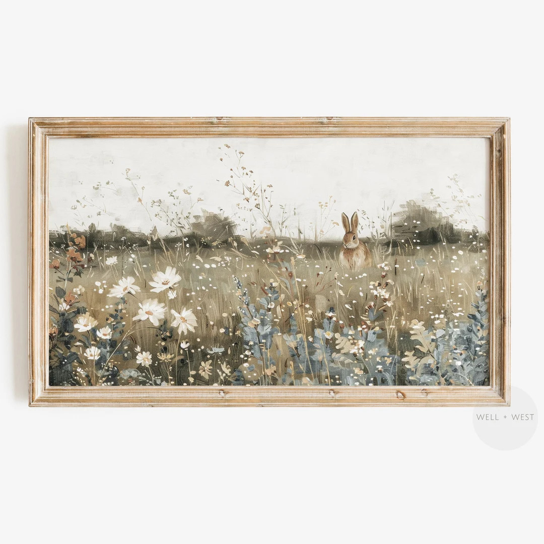 Rabbit Frame TV Art | Vintage Style Wildflower Field Painting | Spring Floral TV Art | Easter Bun... | Etsy (US)