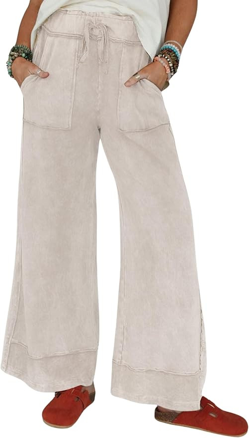 Athlisan Womens Casual Wide Leg Sweatpants Acid Wash Elastic Waisted Palazzo Pants Trousers with ... | Amazon (US)