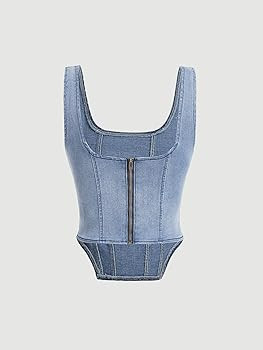 Verdusa Women's Zip Up Back Asymmetrical Scoop Neck Sleeveless Denim Crop Tank Top | Amazon (US)