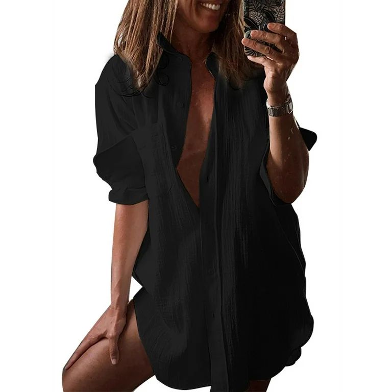 ZANZEA Women Tunic Shirt Solid Buttons Up Long Sleeve Holiday Office Blouse Tops - Walmart.com | Walmart (US)