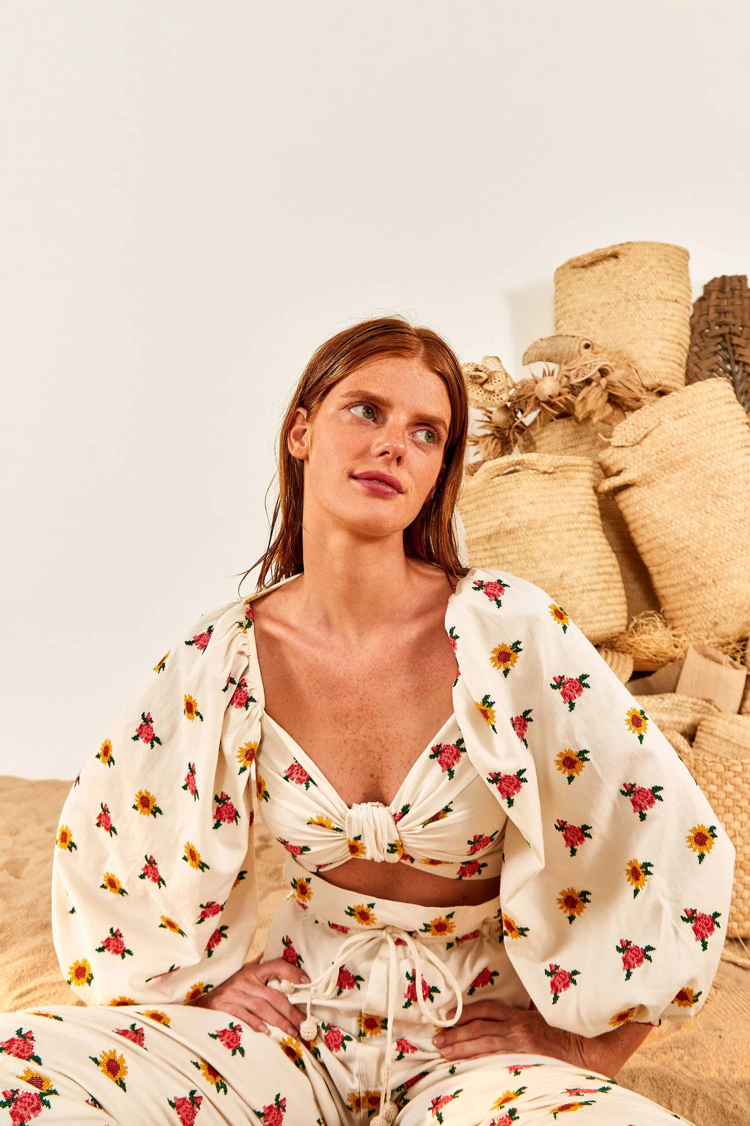 Flowers Crop Top | Mixed Cross Stitch Print | FarmRio (US)