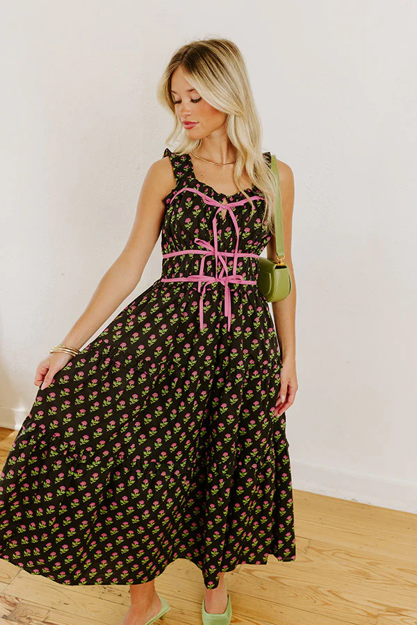 Apple Orchard Stroll Floral Midi Dress in Black | Impressions Online Boutique