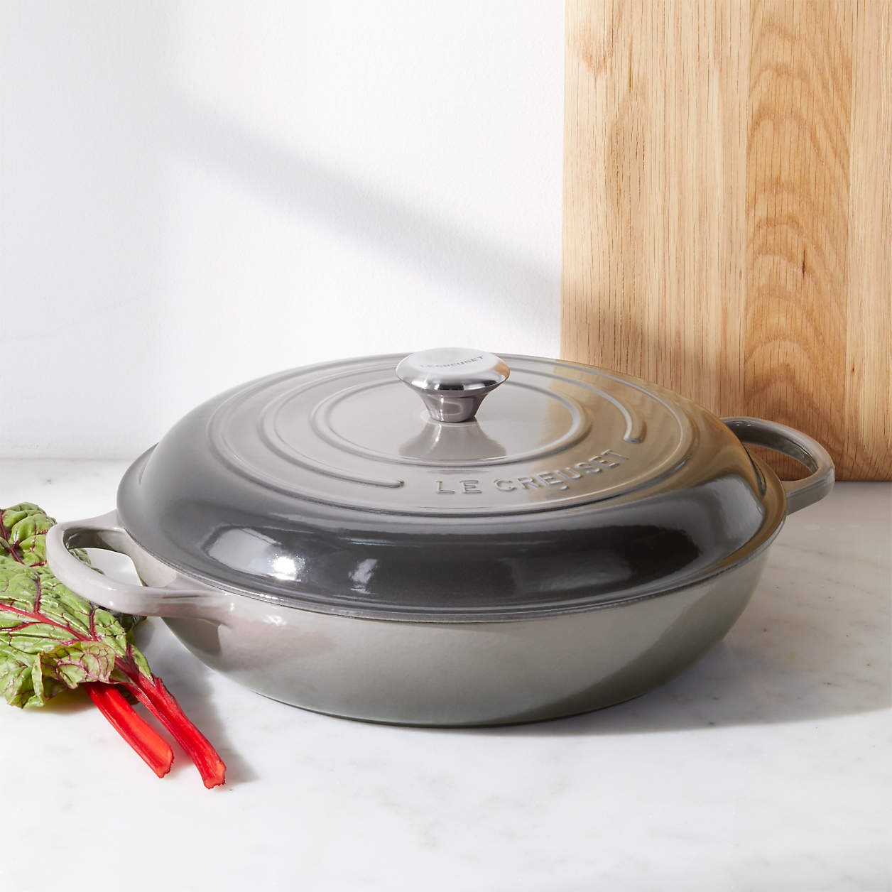 Le Creuset Signature 5-Qt. Oyster Enameled Cast Iron Braiser + Reviews | Crate & Barrel | Crate & Barrel