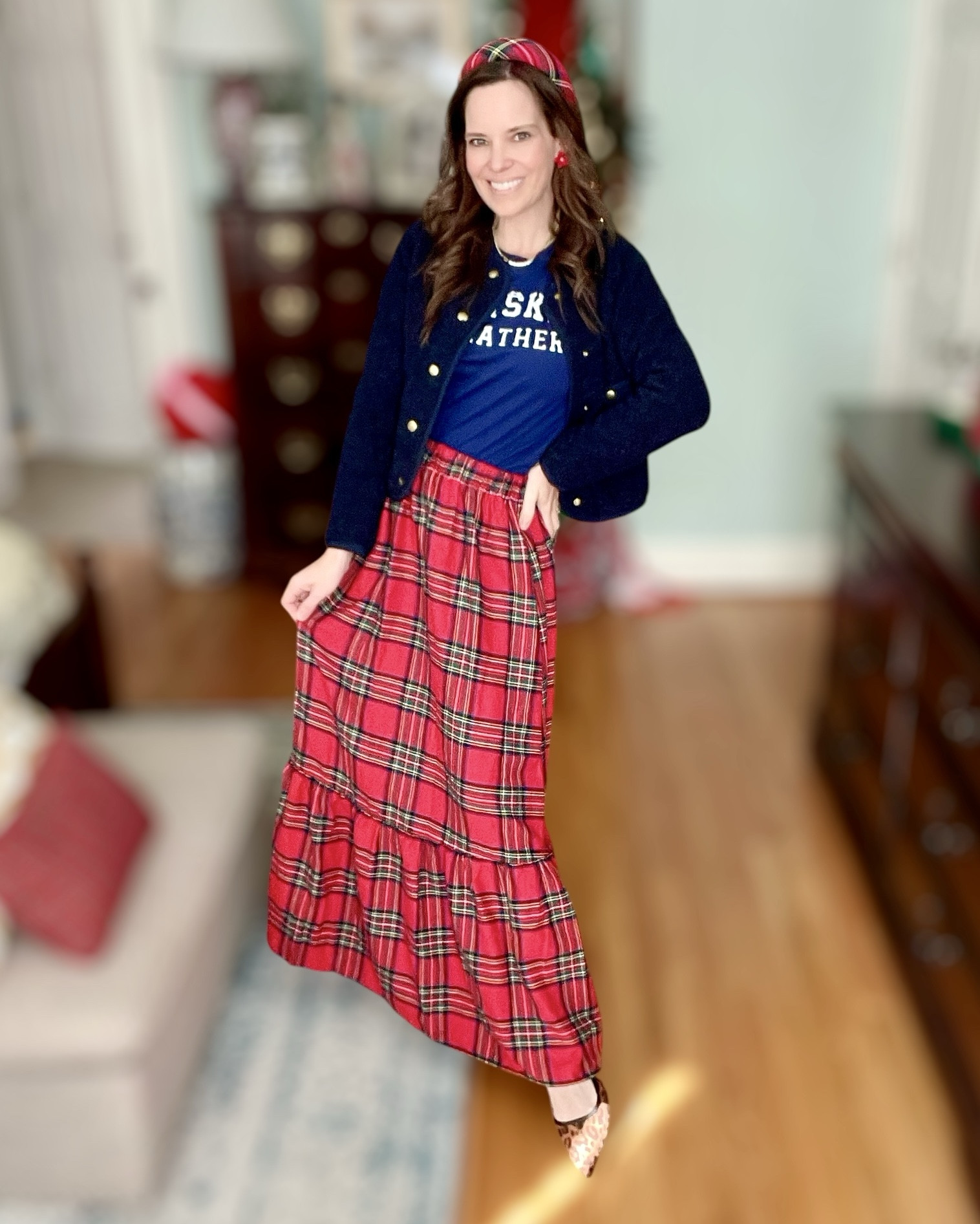 🎄 Whiskey Weather Holiday Style 🍒 Cozy Navy + Tartan Skirt Outfit



Festive, comfy, and a little bit cheeky — this Whiskey Weather holiday outfit came together so cute for Christmas errands, holiday brunch, or a casual December party. I paired my navy Free Assembly jacket with the plaid ruffle maxi skirt (Amazon find!) and added the fun “Whiskey Weather” tee for a cozy winter vibe. The padded tartan headband and red flower studs pull the whole look together, and the leopard heels are the perfect unexpected pop.

Wearing the skirt in my normal size, jacket fits TTS, tee is my usual size.
Such a fun, classic red plaid moment for holiday styling, Christmas shopping days, cookie-baking at home, or school events. Everything is under budget except the necklace, which is Melinda Maria — her pieces last forever and layer beautifully.

Holiday outfit idea • Christmas outfit • plaid skirt • affordable Amazon fashion • winter tee • cozy holiday style • tartan headband • December looks • festive outfits • holiday shopping fashion • winter accessories • classic Christmas colors • red plaid maxi skirt • comfy holiday outfit


#LTKFindsUnder50 #LTKHoliday #LTKootd