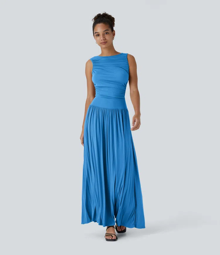 Women’s Ribbed Boat Neck Asymmetric Strap Ruched Side Pocket Flowy Maxi Casual Dress - Halara | HALARA