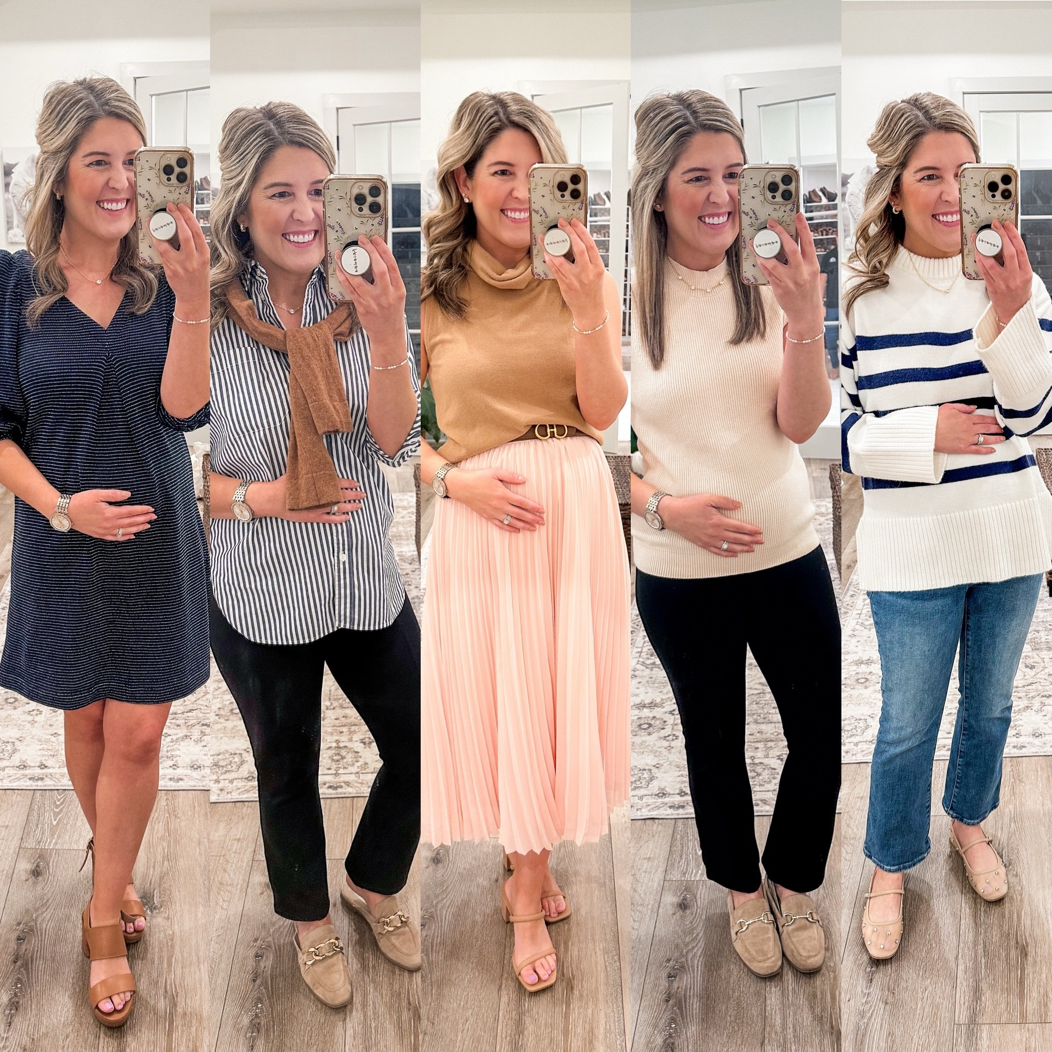 Some of my favorite work outfits recently!

Navy dress- XSP (runs tts), heels (go down 1/2 size)
Black maternity pants- xs (tts)
Striped button up- linked similar 
Tan top- small (went up one size for my belly)
Pink skirt-small (went up one size for pregnancy)
Cream sweater- runs tts
Striped sweater- runs tts (linked similar as well)
Maternity jeans- 25P (went up one size for pregnancy)

Maternity outfits, pregnancy outfits, pregnancy work outfits, workwear, fall outfits, maternity, business casual 

#LTKSaleAlert #LTKWorkwear #LTKBump