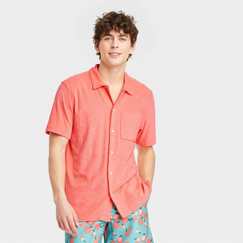 Men's Terry Short Sleeve Camp Button-Down Shirt - Goodfellow & Co™ Peach Orange | Target