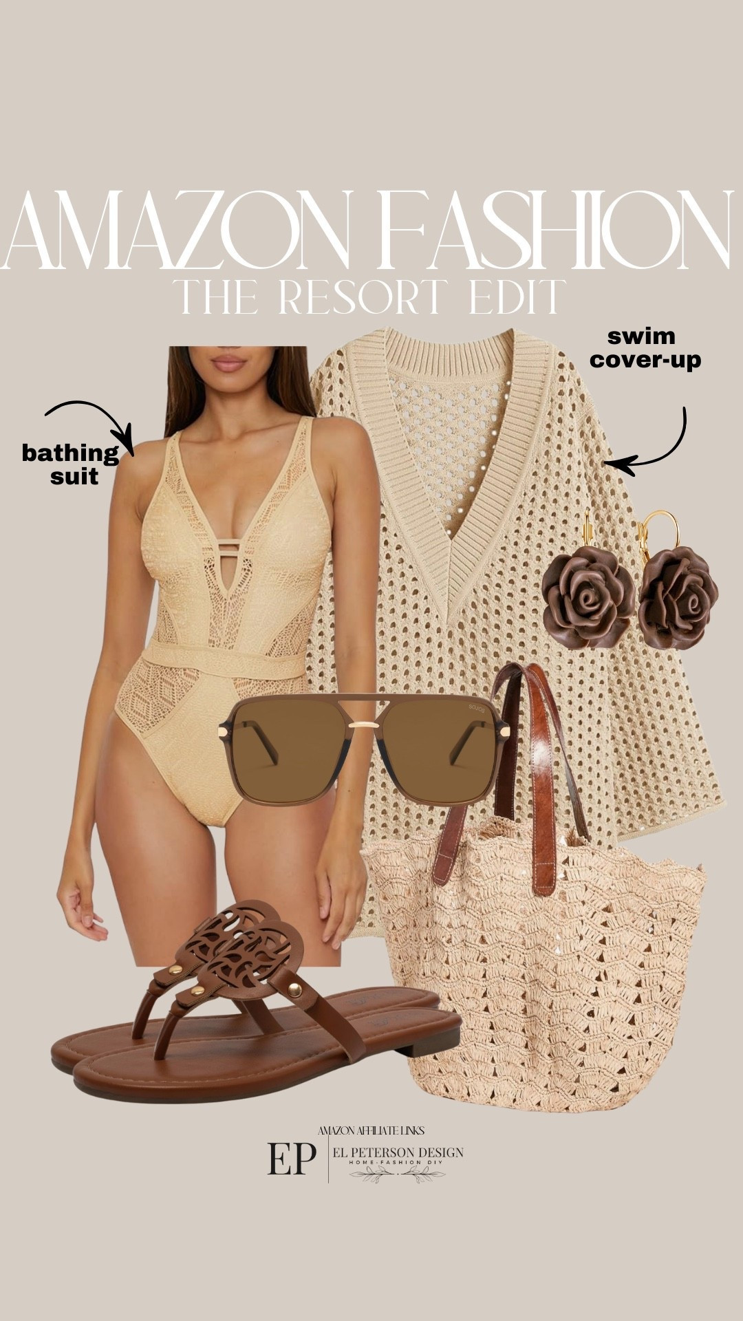 Amazon Fashion
Bathing suit
Swim cover up
Sunglasses
Earrings
Sandals
Purse 