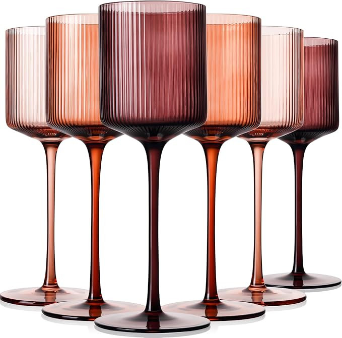 Melanin Colored Square Wine Glasses Set of 6, Elegant Ribbed Design Amber Crystal Glassware with ... | Amazon (US)