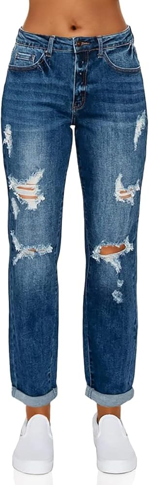 WAX JEAN Women's Boyfriend Jeans with Destructed Blown Knee and Rolled Cuff | Amazon (US)