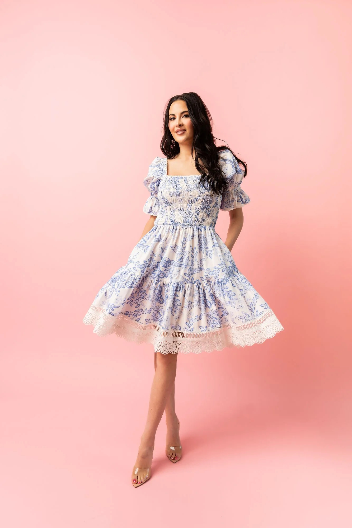 Smocked Flared Dress - Blue Floral | Rachel Parcell