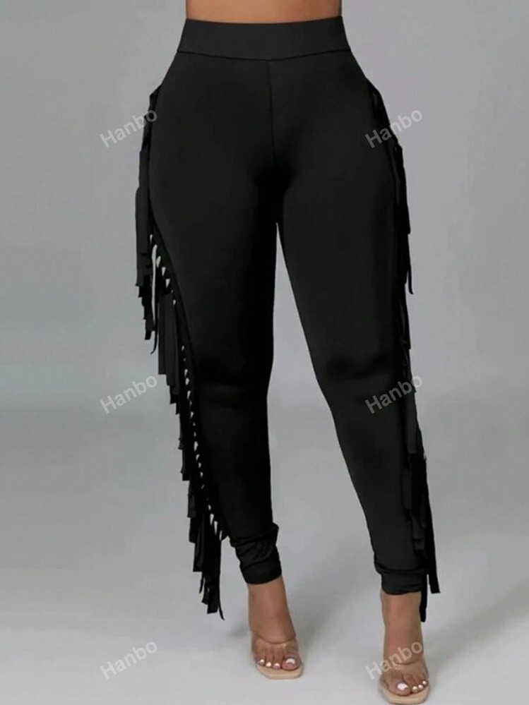 Plus Size Women High Waisted Solid Color Tassel Patchwork Slim Fit Pants | SHEIN