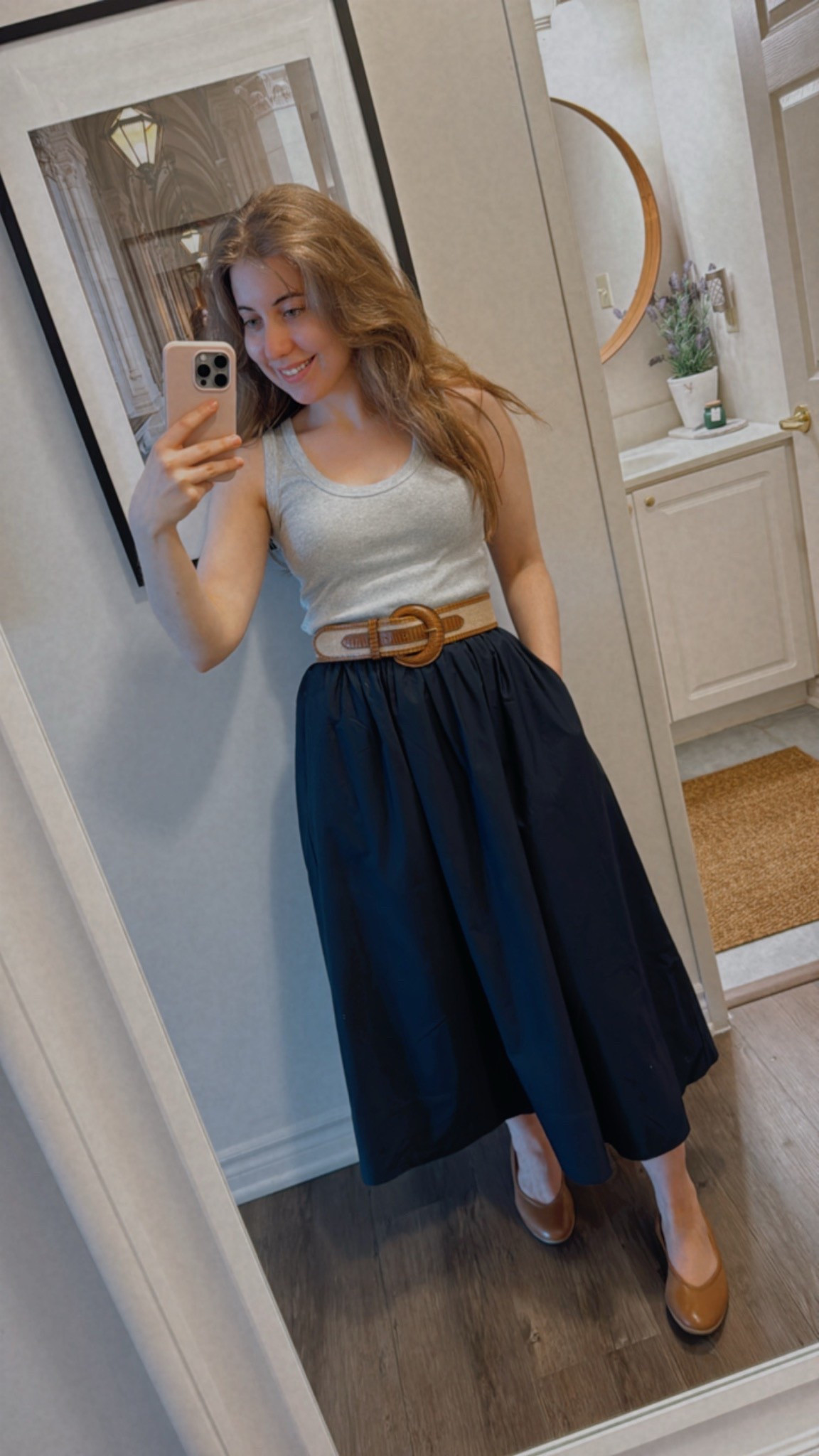 Summer outfit. Cotton top and poplin navy skirt. Jute/leather belt. 

#LTKsummer #LTKcanada #LTKspring