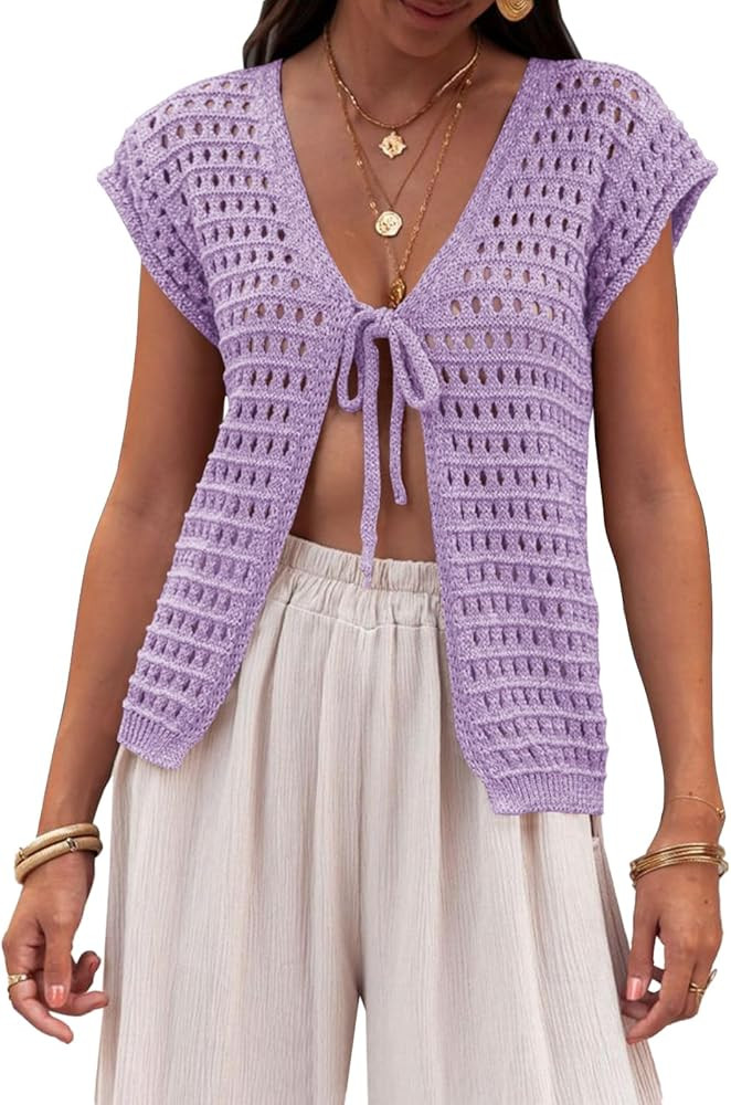 Saodimallsu Womens Tie Crochet Shrug Short Sleeve Open Front Lightweight Knit Cropped Cardigan Sw... | Amazon (US)