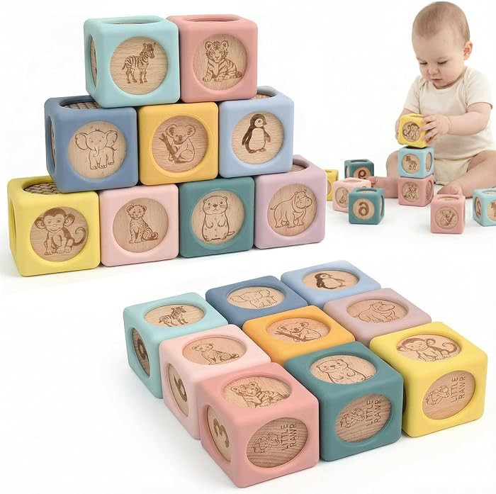 Little Rawr 9 Pcs Baby Silicone & Wooden Stacking Blocks, Food-Grade Silicone Baby Toy with Natur... | Amazon (US)
