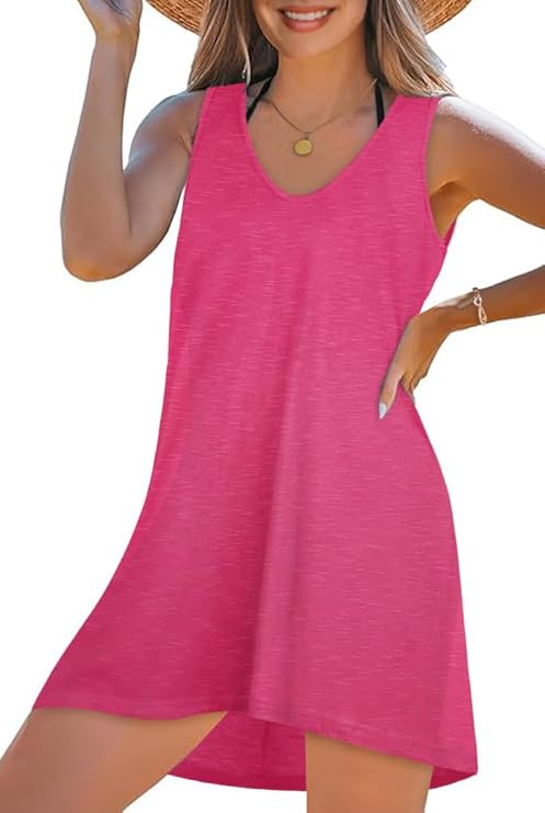 CHICGAL Womens Swimsuit Coverup Summer Beach Sleeveless T Shirt Bikini Tank Dress Loose Bathing S... | Amazon (US)