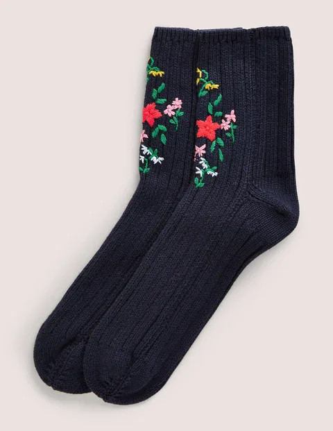 Embroidered Bed Socks - Navy | Boden (US)