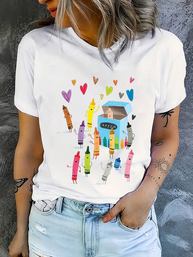 [Crayon Print T-Shirt] 1pc Cartoon Crayon Print Women's T-Shirt - Casual Crew Neck Short Sleeve Top - Polyester 95% Elastane 5% Knit Fabric - Spring/Summer/Fall Fashion | SHEIN