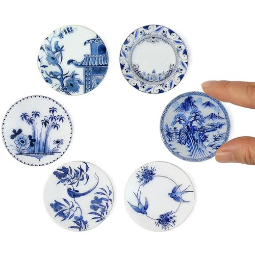 6PCS Handcrafted Miniature Ceramic Plates in 1:12 or 1:6 Scale, Vintage Porcelain Playhouse Dishes (Blue-White C, 4CM) | Amazon (US)