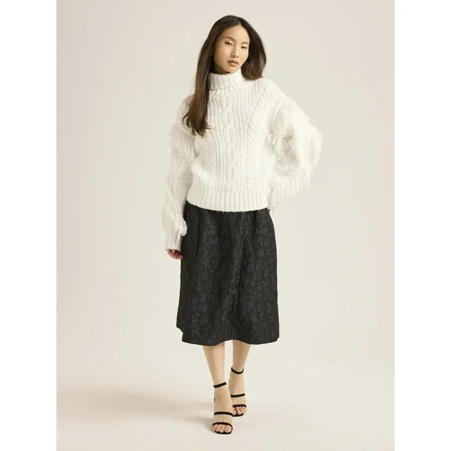 Scoop Women’s and Women's Plus Cable Knit Turtleneck Sweater with Fringe, Midweight, Sizes XS-4... | Walmart (US)
