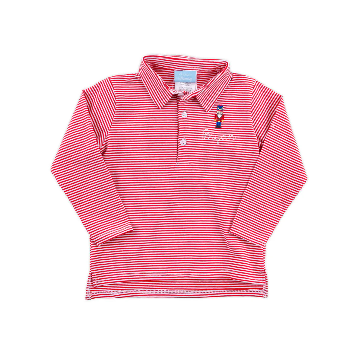 Nutcracker Embroidered Red Stripe Long Sleeve Polo | Classic Whimsy