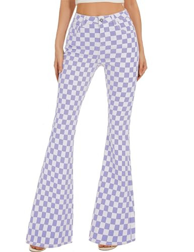 Odefou Checkered Women Flare Pants Stretch Purple Plaid Jeans 70s Bell Bottom(Purple Checkered,14) | Amazon (US)