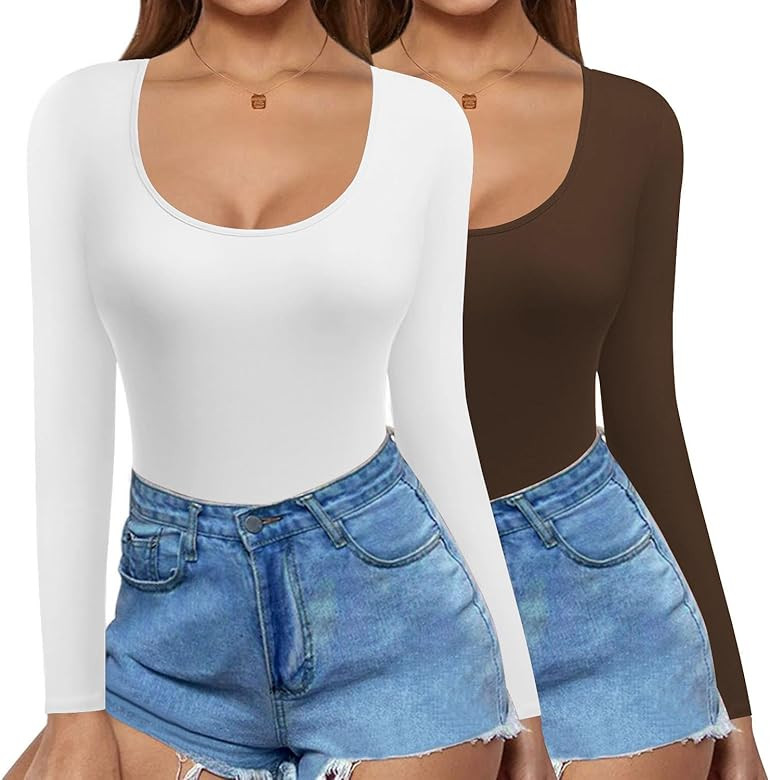 Ekouaer 2 Pack Women's Scoop Neck Tops Long Sleeve Slim Fit T Shirt Thermal Shirts Basic Tight Te... | Amazon (US)