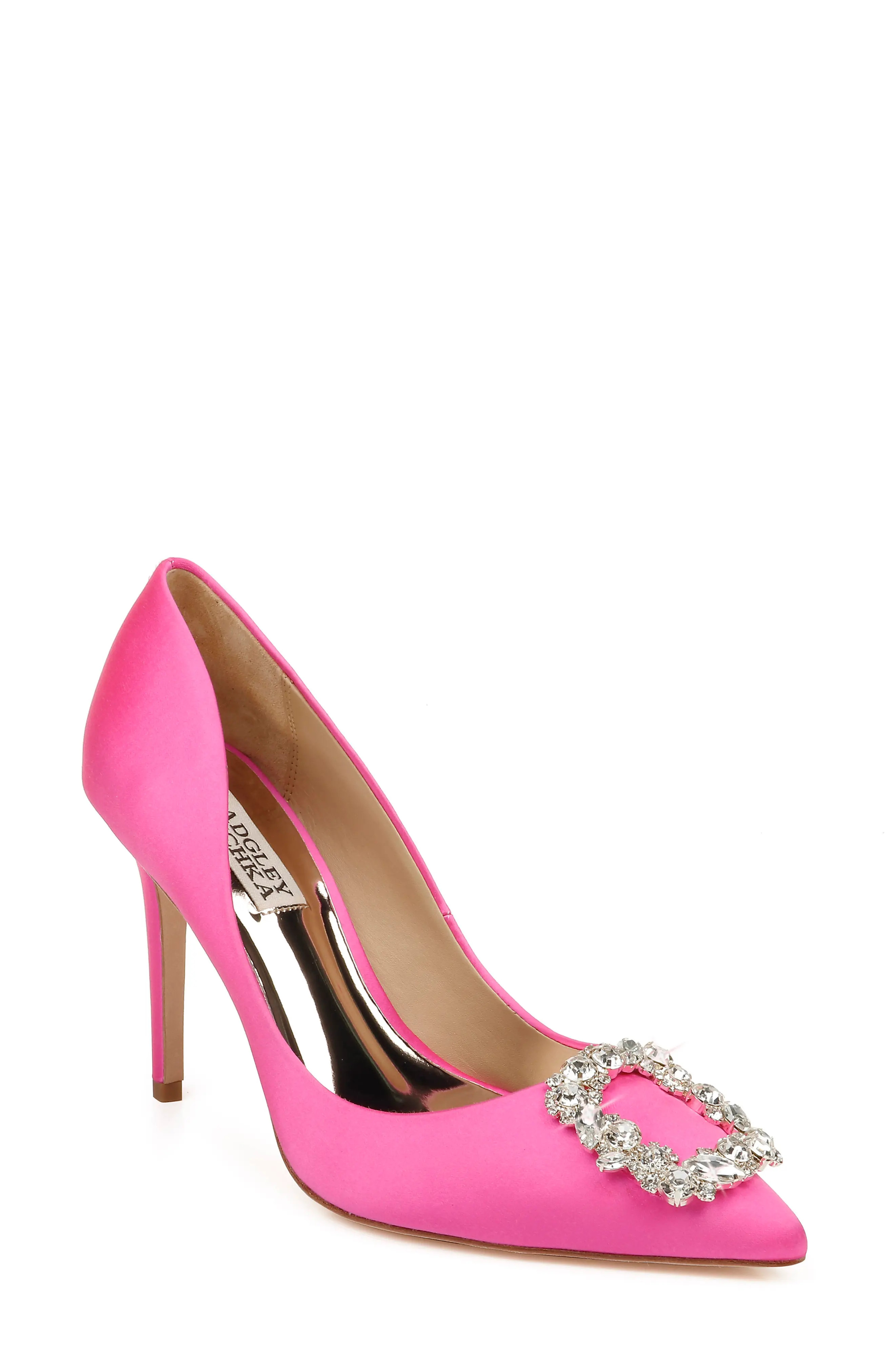 Badgley Mischka Collection Cher Crystal Embellished Pump in Hot Pink Satin at Nordstrom, Size 9.5 | Nordstrom